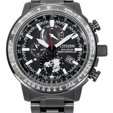 Reloj de piloto Citizen Promaster Geo Trekker Eco-Drive BY3005-56G de acero inoxidable con esfera negra y correa de piel de bece