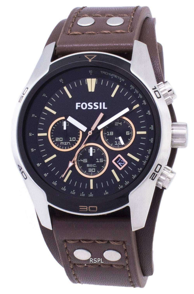 Cochero fósiles Cronógrafo Dial negro cuero marrón CH2891 reloj de hombres