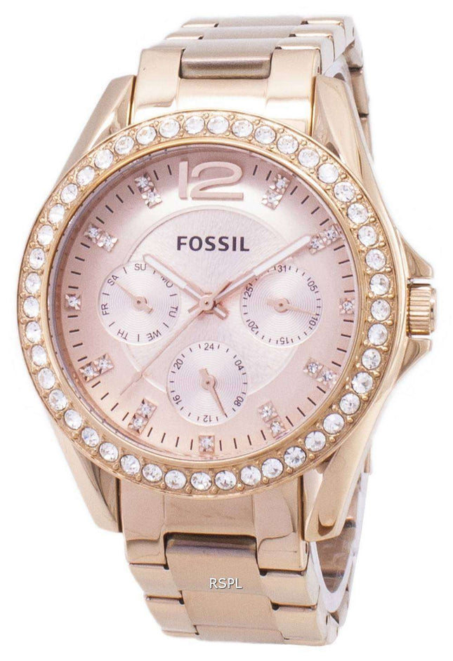 Reloj de cristal multifunción Riley fósil ES2811 oro rosa mujer