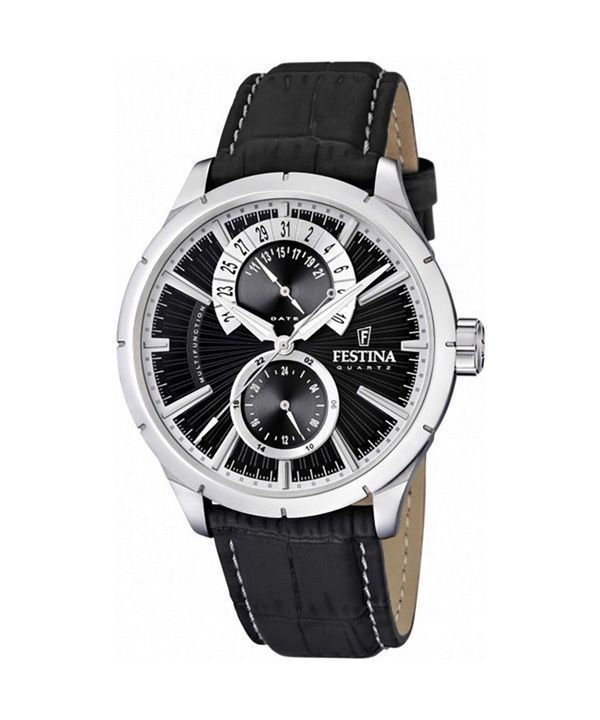 Reloj Festina Retro con correa de cuero multifunción y esfera negra de cuarzo F16573-3 para hombre