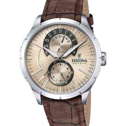 Reloj Festina Retro con correa de cuero multifunción y esfera beige de cuarzo F16573-9 para hombre