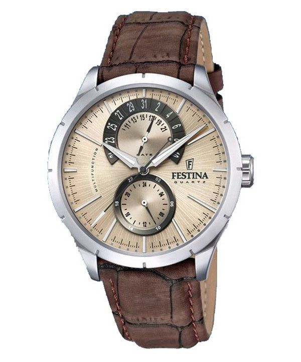 Reloj Festina Retro con correa de cuero multifunción y esfera beige de cuarzo F16573-9 para hombre