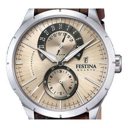 Reloj Festina Retro con correa de cuero multifunción y esfera beige de cuarzo F16573-9 para hombre