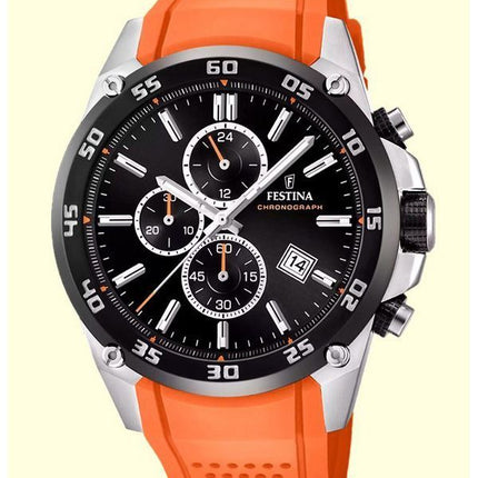 Festina The Originals Cronógrafo Correa de caucho naranja Esfera negra Cuarzo F20330-4 100M Reloj para hombre