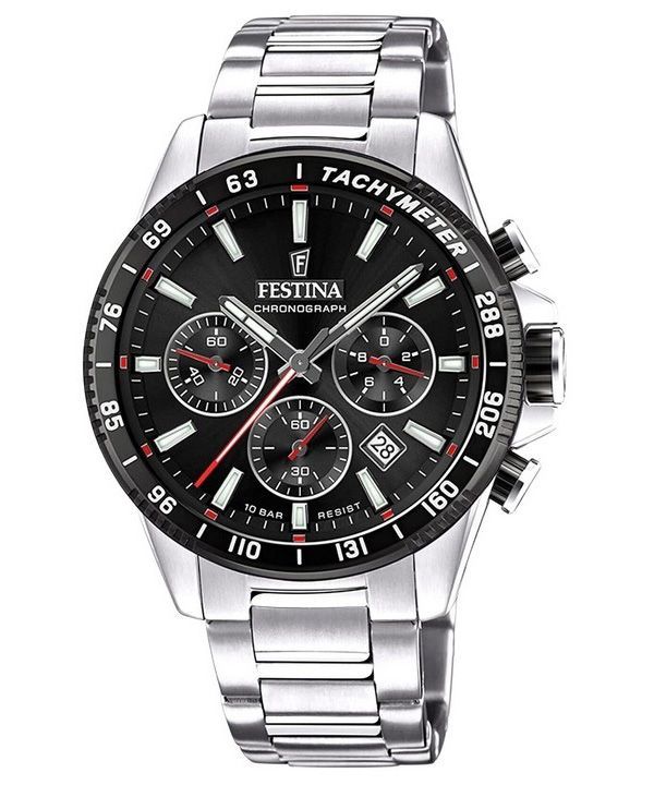 Festina Timeless Chronograph - Reloj de cuarzo para hombre, acero inoxidable, esfera negra, F20560-6, 100 m