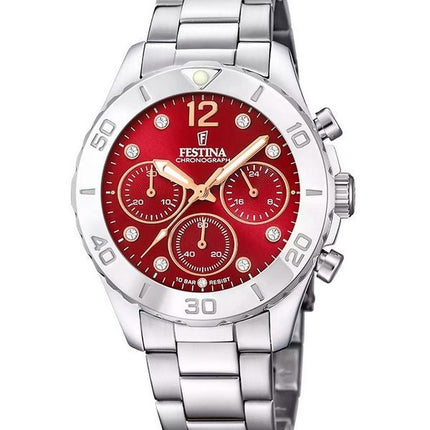 Festina Boyfriend Cronógrafo de acero inoxidable con esfera roja de cuarzo F20603-2 100M Reloj para mujer