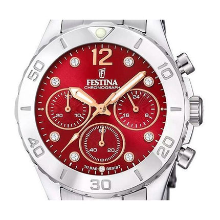 Festina Boyfriend Cronógrafo de acero inoxidable con esfera roja de cuarzo F20603-2 100M Reloj para mujer