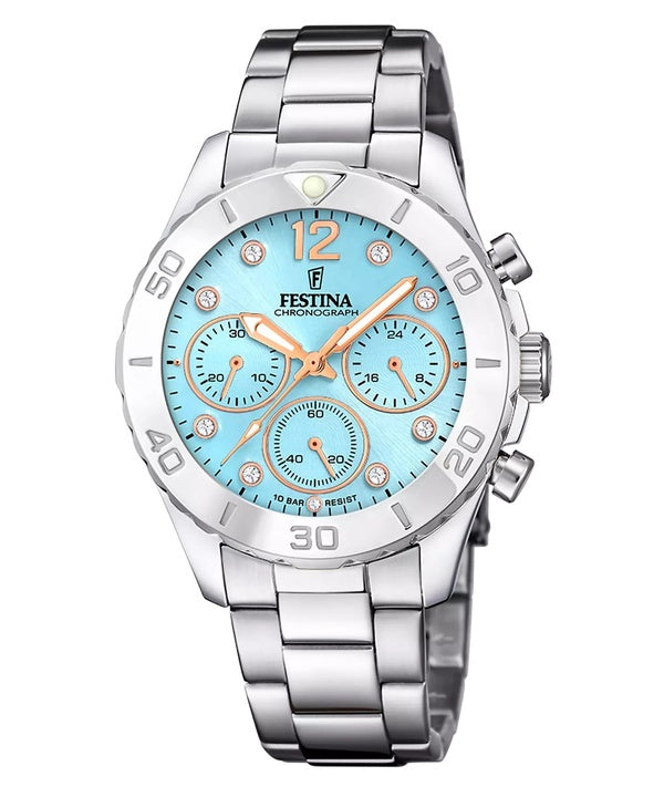 Festina Boyfriend Cronógrafo con detTodoses de cristal, esfera azul, cuarzo F20603-4 100M Reloj para mujer