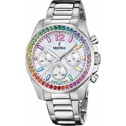 Festina Rainbow Chronograph Acero inoxidable Detalles de cristal Esfera plateada Cuarzo F20606-2 100M Reloj para mujer