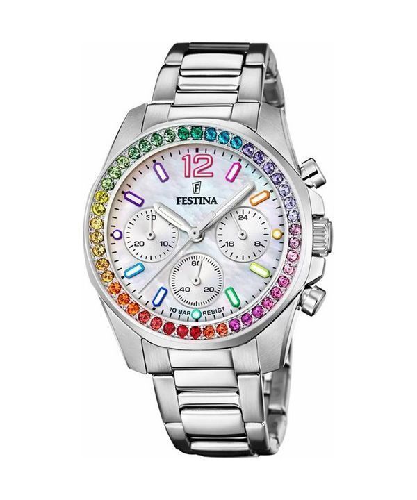 Festina Rainbow Chronograph Acero inoxidable Detalles de cristal Esfera plateada Cuarzo F20606-2 100M Reloj para mujer