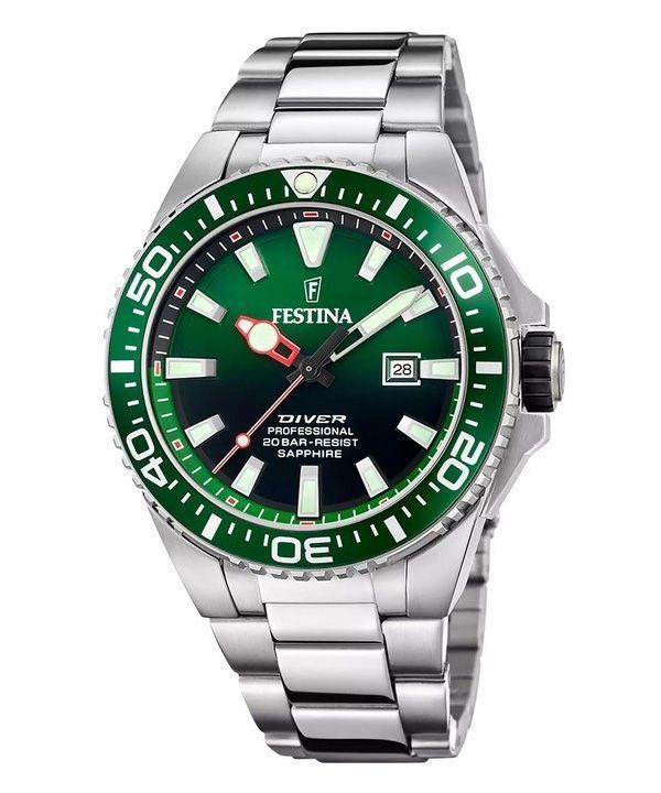 Festina The Originals Reloj de buceo de cuarzo con esfera verde y acero inoxidable F20663-2 200M para hombre