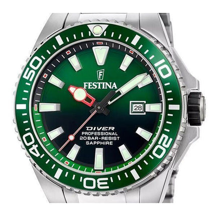 Festina The Originals Reloj de buceo de cuarzo con esfera verde y acero inoxidable F20663-2 200M para hombre