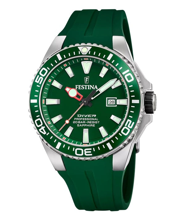 Festina The Originals Reloj de buceo de cuarzo con esfera verde y correa de caucho F20664-2 200M para hombre