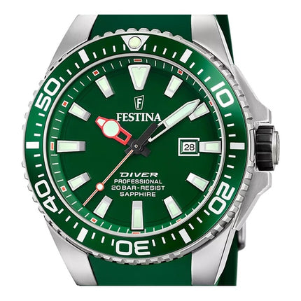 Festina The Originals Reloj de buceo de cuarzo con esfera verde y correa de caucho F20664-2 200M para hombre