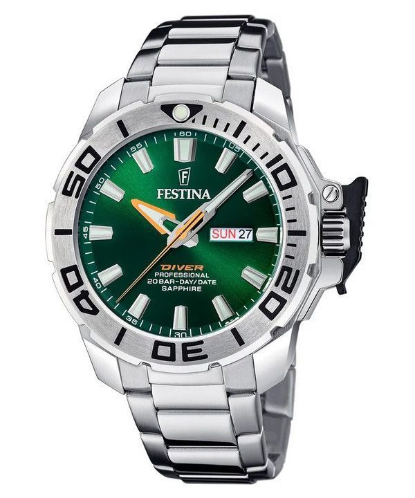 Reloj para hombre Festina Diver de acero inoxidable con esfera verde y cuarzo F20665-2 200M con correa adicional