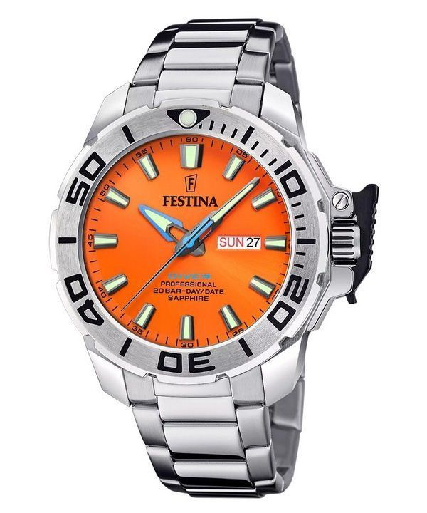 Festina The originals Reloj de buceo de cuarzo con esfera naranja y acero inoxidable F20665-5 200M para hombre