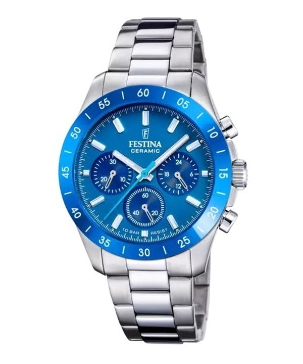 Festina Reloj cronógrafo de cerámica de acero inoxidable con esfera azul de cuarzo F20693-4 100M para mujer