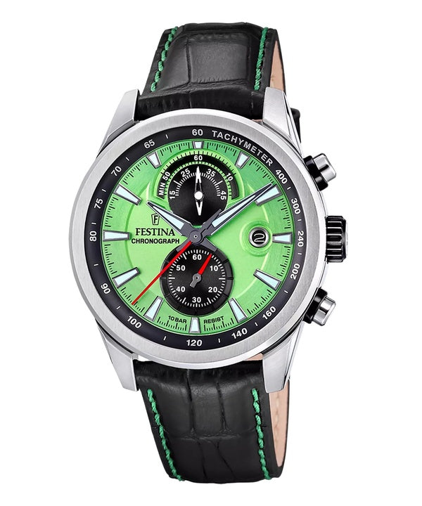 Festina Timeless Cronógrafo Correa de piel Esfera verde Cuarzo F20695-3 100M Reloj para hombre