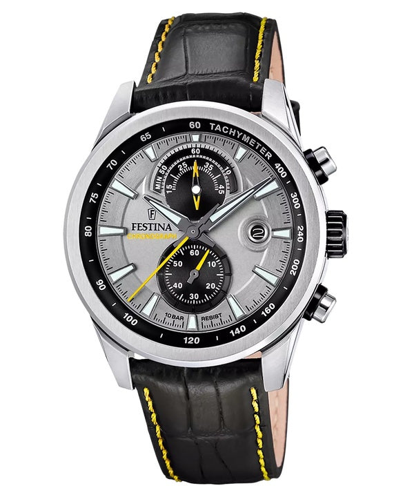 Festina Timeless Cronógrafo Correa de piel Esfera gris Cuarzo F20695-4 100M Reloj para hombre