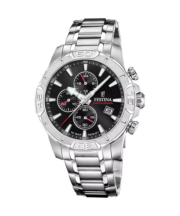 Festina Timeless Chronograph - Reloj de cuarzo para hombre, acero inoxidable, esfera negra, F20704-3, 100 m