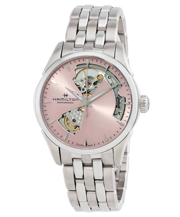 Reloj Hamilton Jazzmaster de acero inoxidable con esfera abierta en forma de corazón rosa, automático, H32215170 para mujer