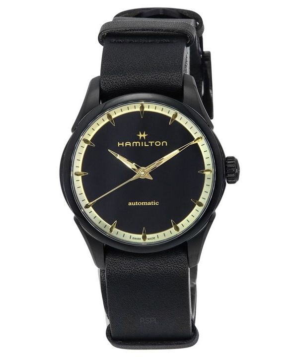 Hamilton Jazzmaster correa de cuero esfera negra automático H32255730 reloj unisex