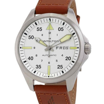 Hamilton Khaki Aviation Pilot Correa de cuero Esfera plateada Automático H64635550 100M Reloj para hombre