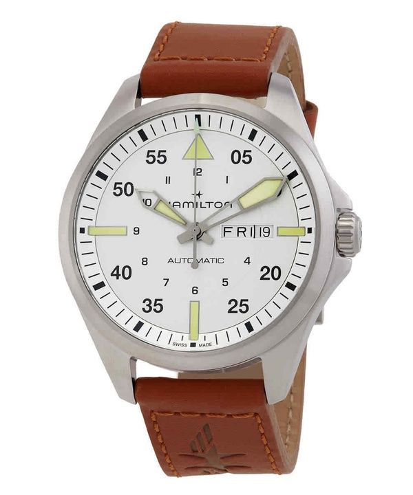 Hamilton Khaki Aviation Pilot Correa de cuero Esfera plateada Automático H64635550 100M Reloj para hombre