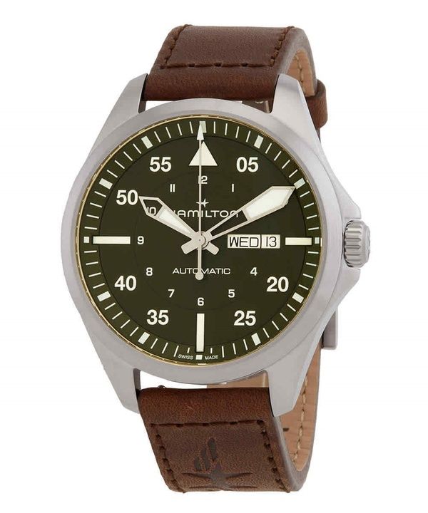 Hamilton Khaki Aviation Pilot Correa de cuero Esfera verde Automático H64635560 100M Reloj para hombre