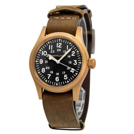 Reloj Hamilton Khaki Field mecánico de bronce con correa de cuero y esfera negra H69459530 para hombre