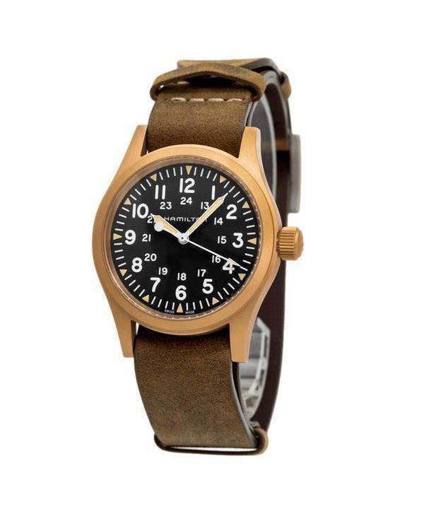 Reloj Hamilton Khaki Field mecánico de bronce con correa de cuero y esfera negra H69459530 para hombre