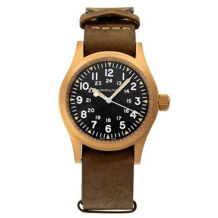 Reloj Hamilton Khaki Field mecánico de bronce con correa de cuero y esfera negra H69459530 para hombre