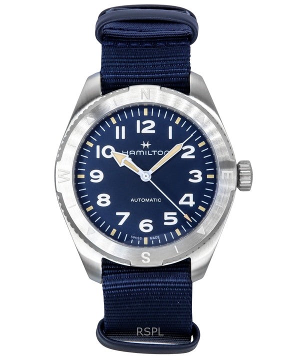 Reloj Hamilton Khaki Field Expedition con correa de tela y esfera azul, automático, H70315940, 100 m, unisex