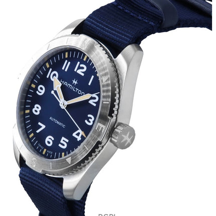 Reloj Hamilton Khaki Field Expedition con correa de tela y esfera azul, automático, H70315940, 100 m, unisex