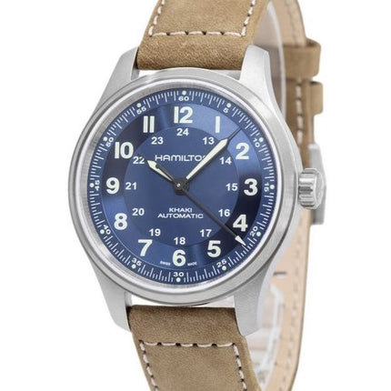 Reloj para hombre Hamilton Khaki Field con correa de cuero de titanio y esfera azul automático H70545540 100M