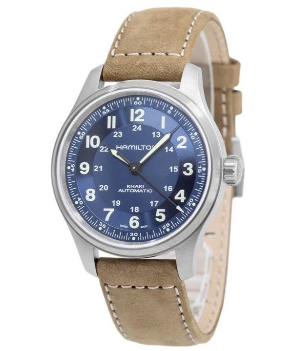 Reloj para hombre Hamilton Khaki Field con correa de cuero de titanio y esfera azul automático H70545540 100M