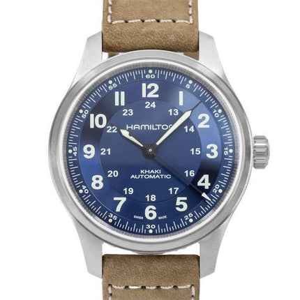 Reloj para hombre Hamilton Khaki Field con correa de cuero de titanio y esfera azul automático H70545540 100M