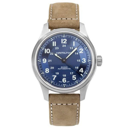 Reloj para hombre Hamilton Khaki Field con correa de cuero de titanio y esfera azul automático H70545540 100M