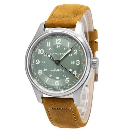 Reloj para hombre Hamilton Khaki Field con correa de cuero de titanio y esfera verde automático H70545560 100M