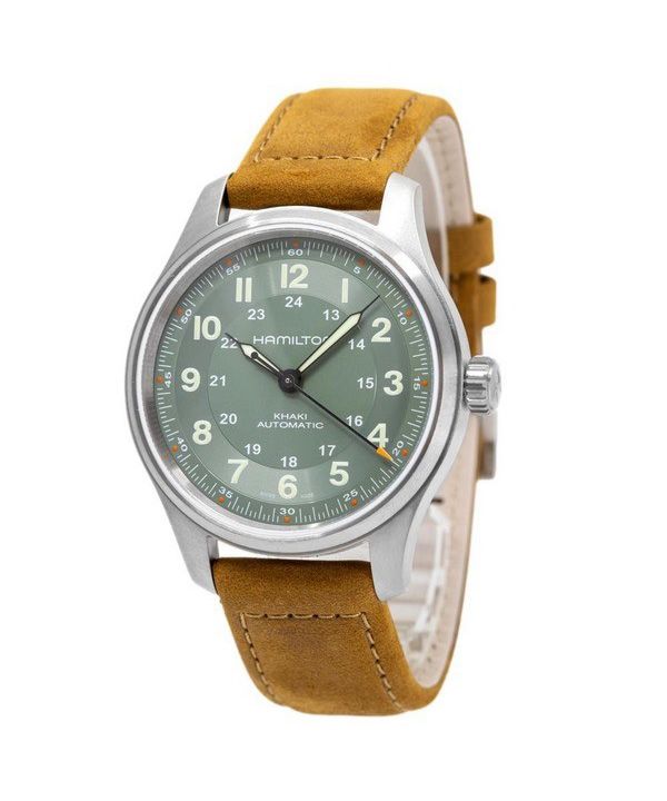 Reloj para hombre Hamilton Khaki Field con correa de cuero de titanio y esfera verde automático H70545560 100M