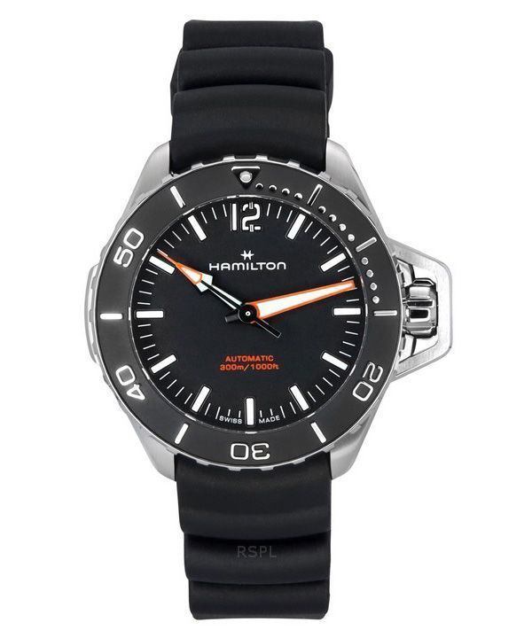 Reloj para hombre Hamilton Khaki Navy Frogman con correa de caucho y esfera negra automático Diver&#39,s H77455330 300M