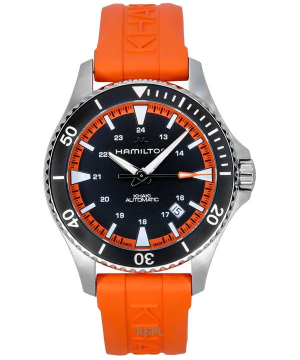 Hamilton Khaki Navy Scuba - Reloj automático para hombre, correa de caucho color naranja, esfera negra, H82395331, 100 m