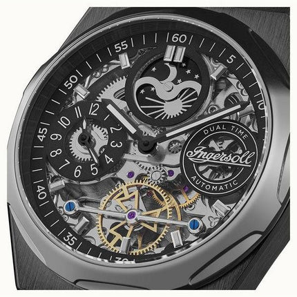 Ingersoll The Broadway Moonphase Dual Time Reloj automático para hombre con esfera esqueleto negra I12908