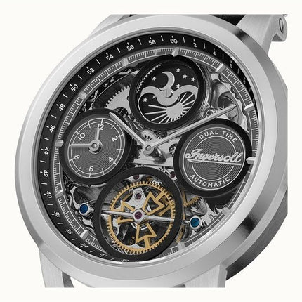 Reloj automático Ingersoll The Arc Moon Phase para hombre, correa de cuero, esfera esqueletizada negra, I16001