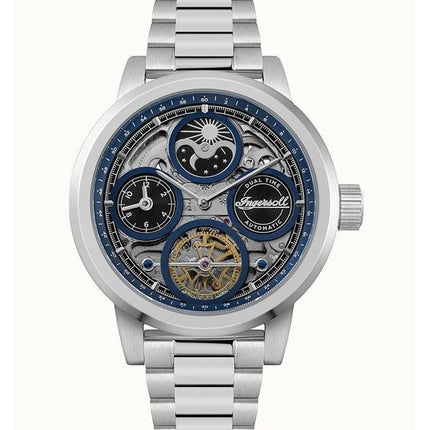 Reloj automático Ingersoll The Arc Moon Phase de acero inoxidable con esfera azul y esqueleto para hombre I16003