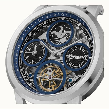 Reloj automático Ingersoll The Arc Moon Phase de acero inoxidable con esfera azul y esqueleto para hombre I16003