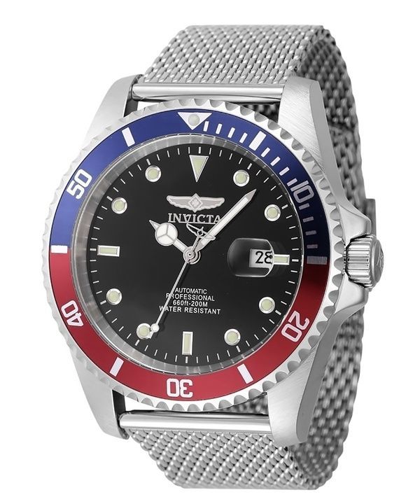 Reloj automático para hombre Invicta Pro Diver 47965 200M con bisel Pepsi azul y rojo en acero inoxidable y esfera negra