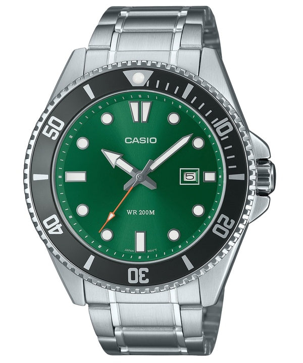 Reloj Casio Standard analógico de acero inoxidable con esfera verde y cuarzo MDV-107D-3A2V 200M para hombre