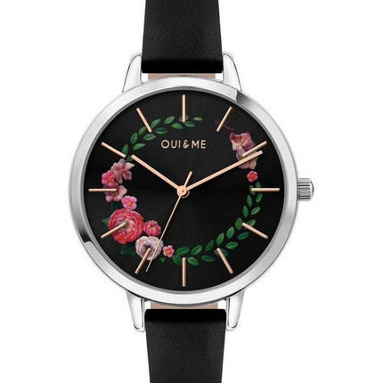 Reloj Oui &amp, Me Grande Fleurette con esfera negra y correa de cuero de cuarzo ME010033 para mujer