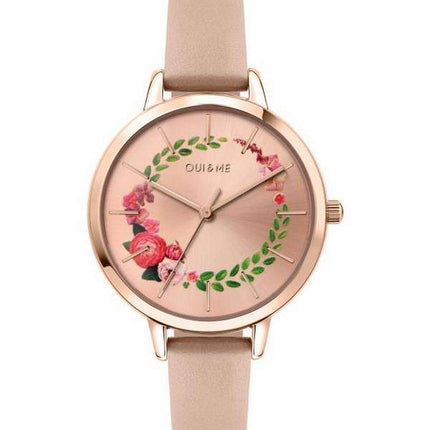 Oui &amp, Me Fleurette Rose Gold Sunray Dial Correa de cuero Cuarzo ME010038 Reloj para mujer